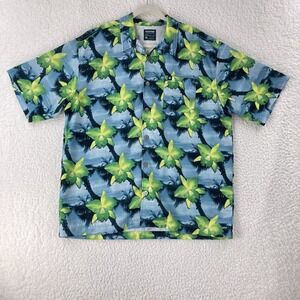 Quiksilver Blue Palm Tropical Print‎ Button-Down Shirt Mens Short Sleeve Size L